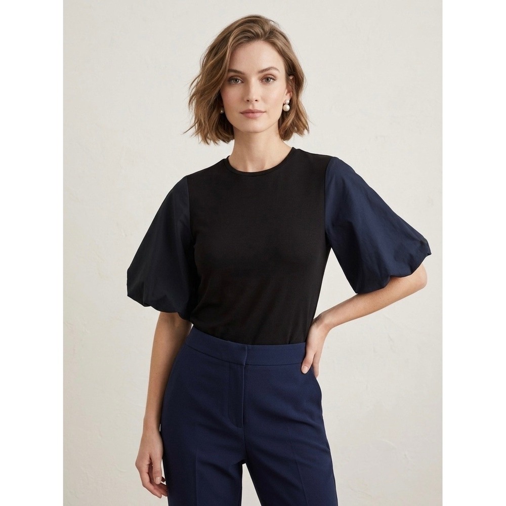 Pearl by Lela Rose Womens Black Puff Sleeve Mixed Media Jersey Top Size S